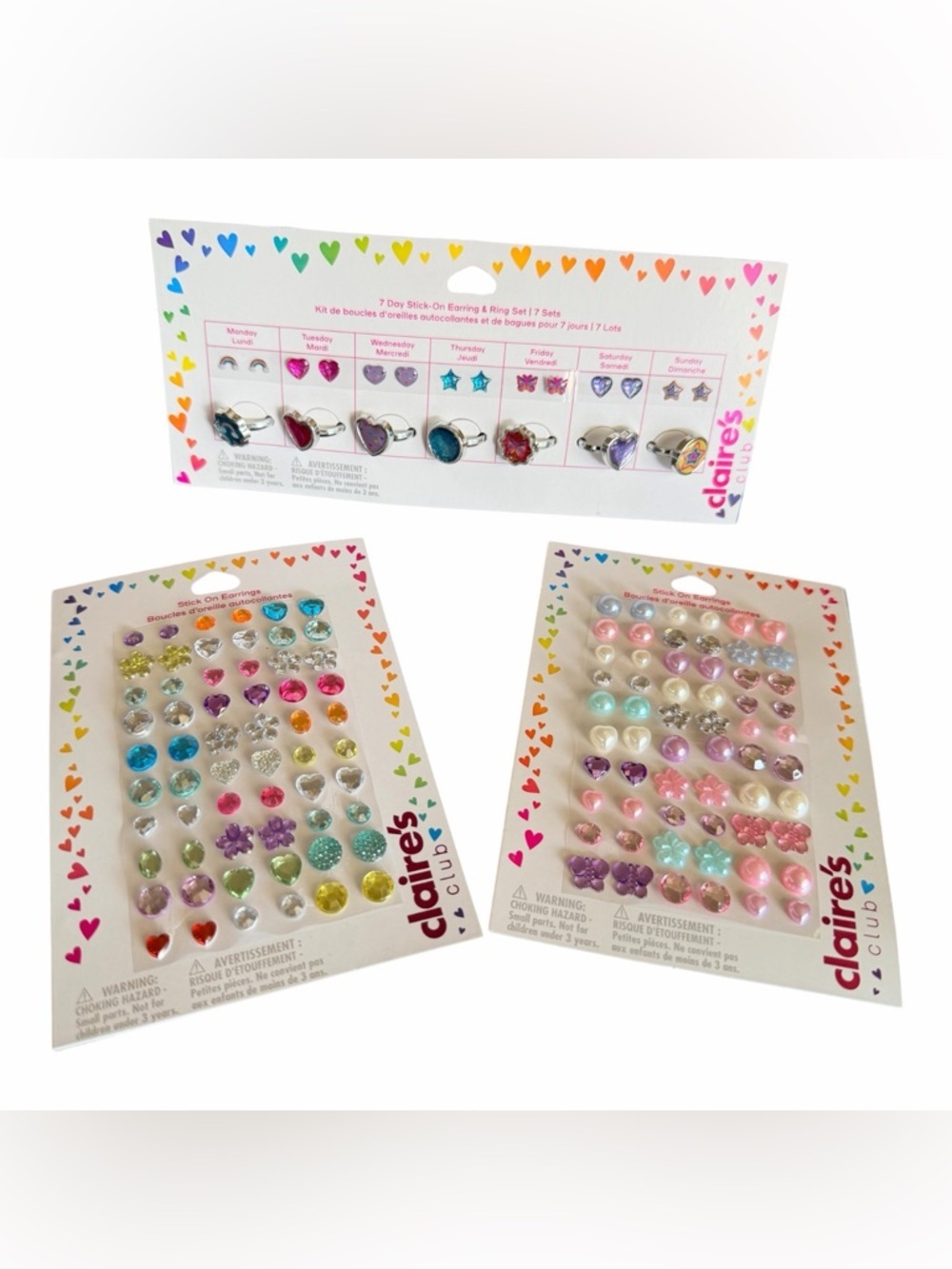 Claire's Kids Stick-On Earrings & Rings Set — Rainbow Pastel & Bright Colors
